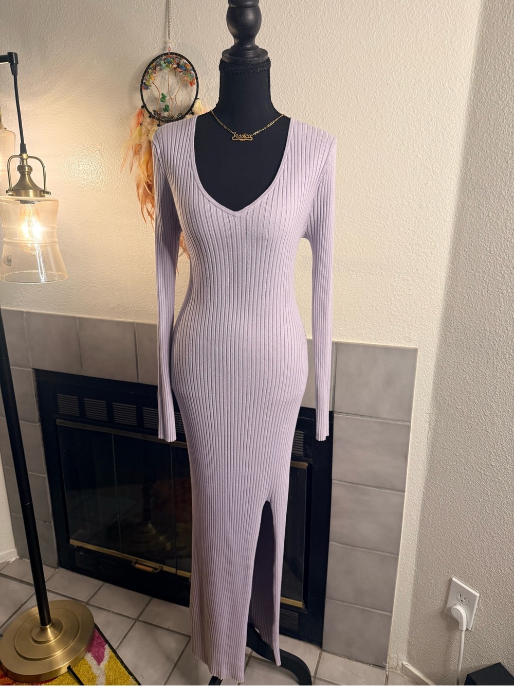 Forever 21 Light Lavender Ribbed V-Neck Long Sleeve Maxi Dress